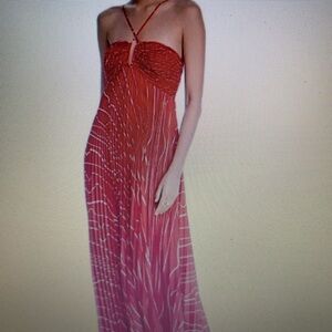 BCBGMaxAzria Coral with off white detail Strapless Halter Maxi Dress